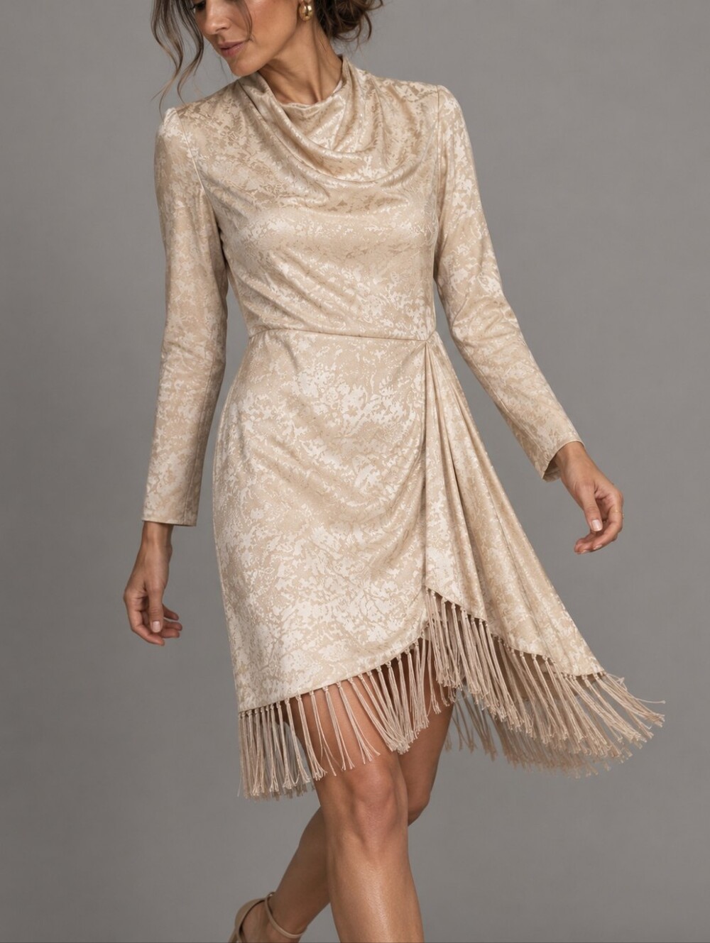 Jonathan Simkhai Champagne Jacquard Fringe Long Sleeve Dress Womens Size 4